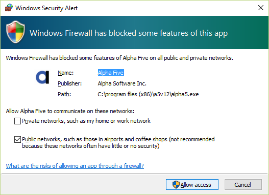 Windows Security Alert from Windows Firewall asking to allow Alpha Anywhere to communicate over the network.